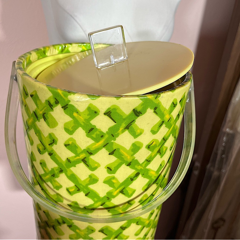 Vintage 1960’s - 70’s MCM Clear Lucite Green Yellow bamboo Ice Bucket Barware